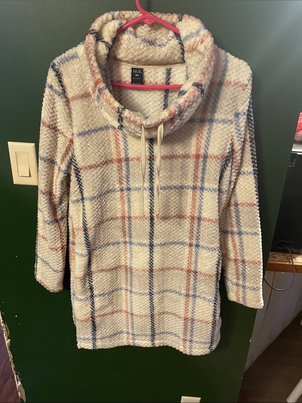 HUE Cream Plaid Cowl Neck Sweater with Blue & Pink Checks